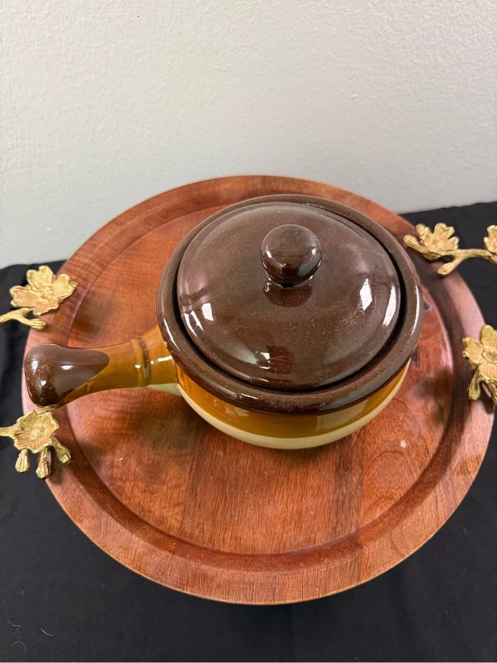 Vintage 2-Tone Glazed Stoneware Handeld Soupbowl and Lidded Crock
